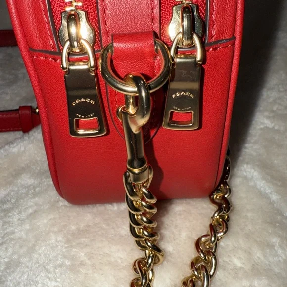 New RARE COACH Jes Crossbody Bag w/Puffy Heart Quilting Leather Gold Cherry Red - Picture 7 of 13